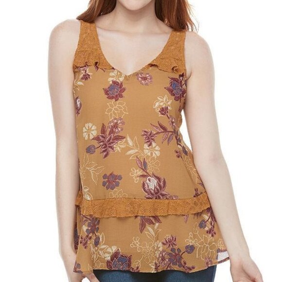 Mason & Belle Boho Tunic Top Medium Sleeveless Lace Ruffle Tan Floral NEW - Picture 1 of 13